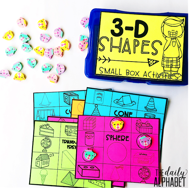 3-D Shapes: Small Box Activities is an easy to prep, purposeful activity, that is perfect for little hands. It can be used for morning work, a literacy center, early finisher work, etc. Any type of manipulative can be used for this activity, including but not limited to counters, coins, or erasers.