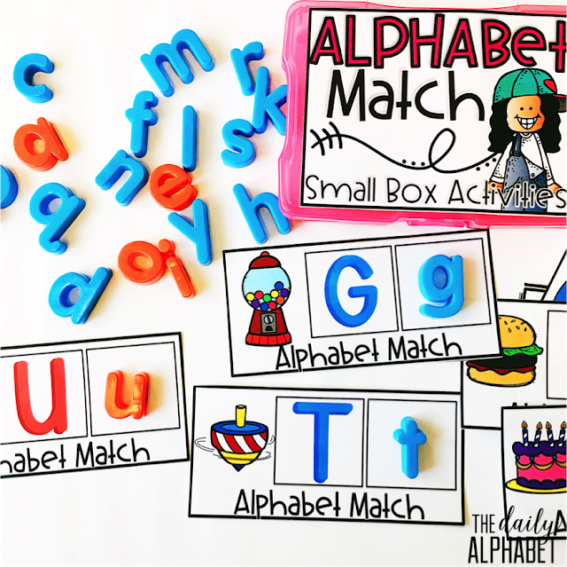 This freebie alphabet match center is an easy to prep, purposeful activity, that is perfect for little hands. It can be used for morning work, a literacy or math center, early finisher work, etc. Any type of manipulative can be used for this activity, including but not limited to counters, coins, or erasers.