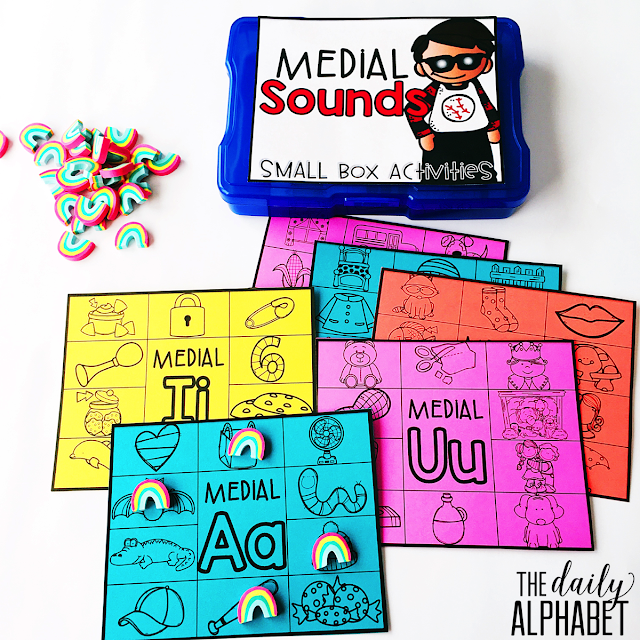 Medial Sounds: Small Box Activities is an easy to prep, purposeful activity, that is perfect for little hands. It can be used for morning work, a literacy center, early finisher work, etc. Any type of manipulative can be used for this activity, including but not limited to counters, coins, or erasers. 